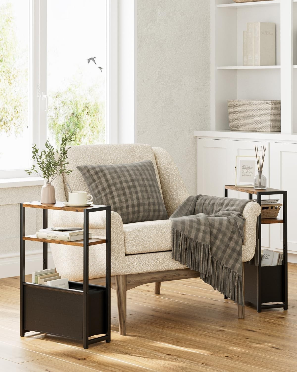 Slim Side Table with Storage Basket, Rustic Brown, Space-Saving Design
