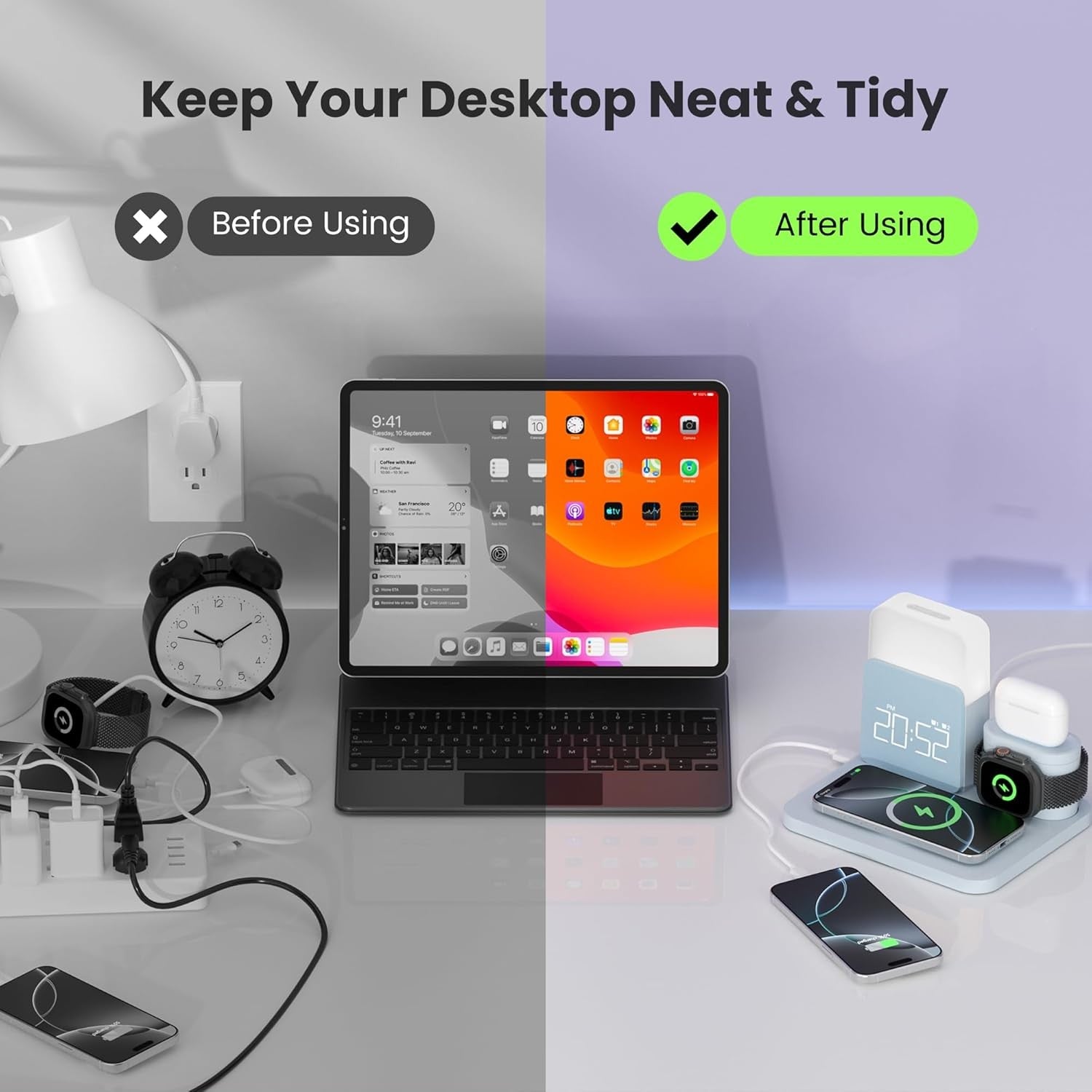 6 in 1 Wireless Charging Station Alarm Clock Night Light MagSafe Stand