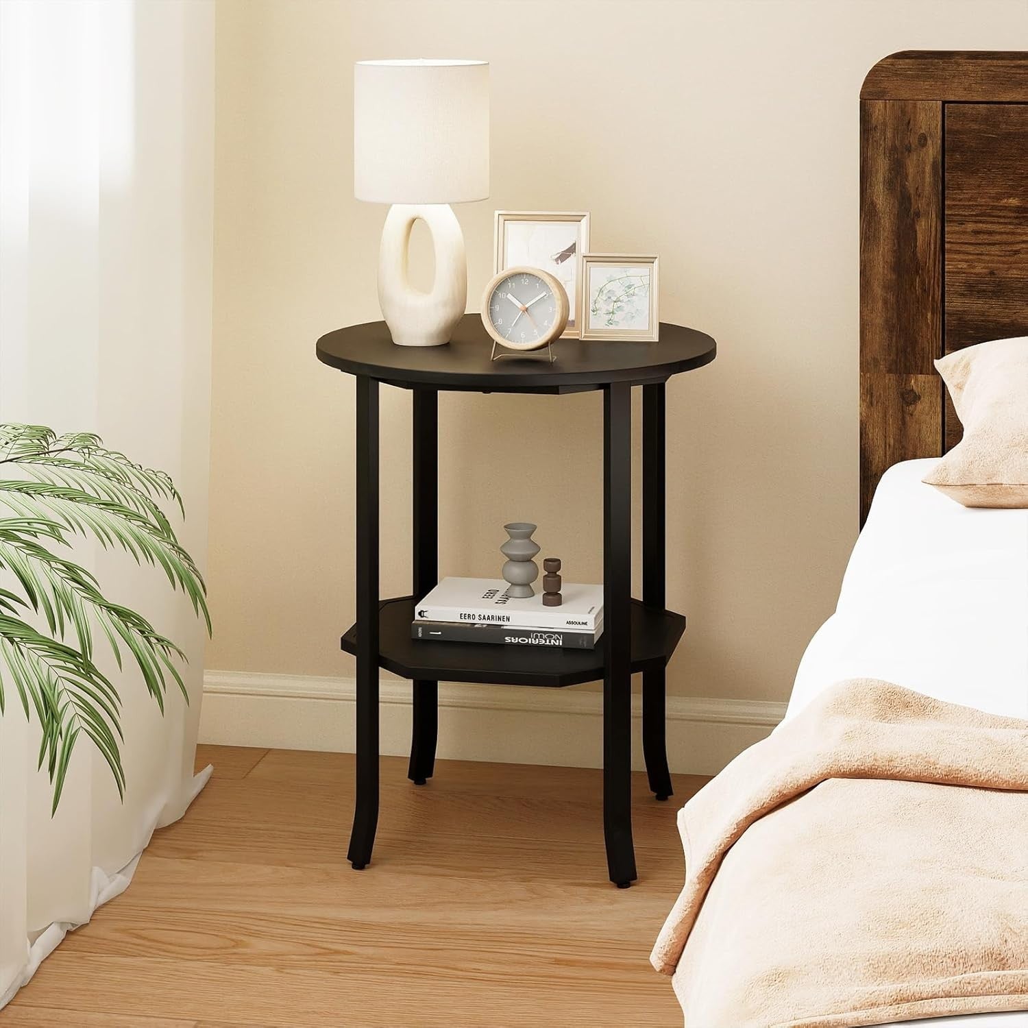 Round Black Side Table 2-Tier | Industrial Sofa End Table with Shelf 50×61cm