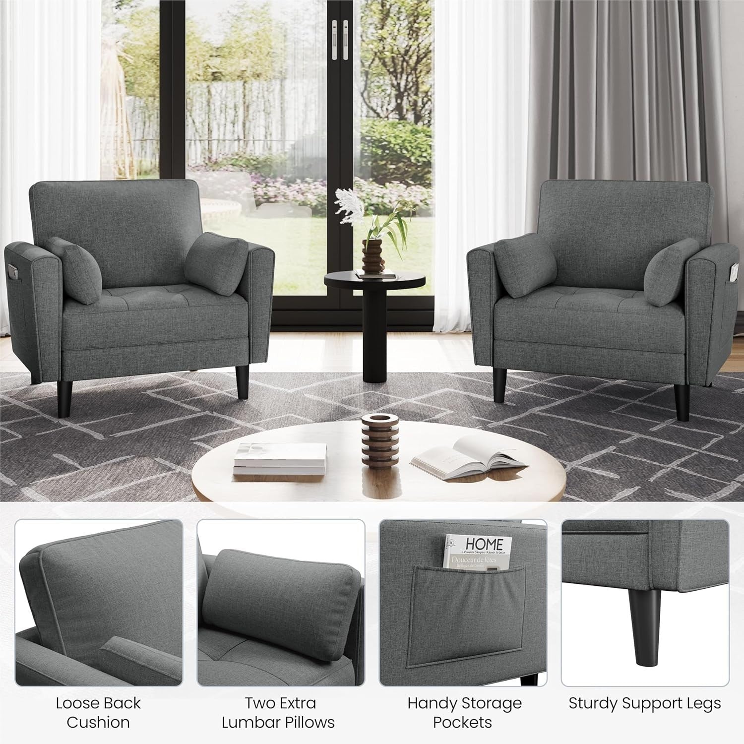 Dark Grey Fabric Tub Chair Oversized Accent Armchair with Pillows & Storage