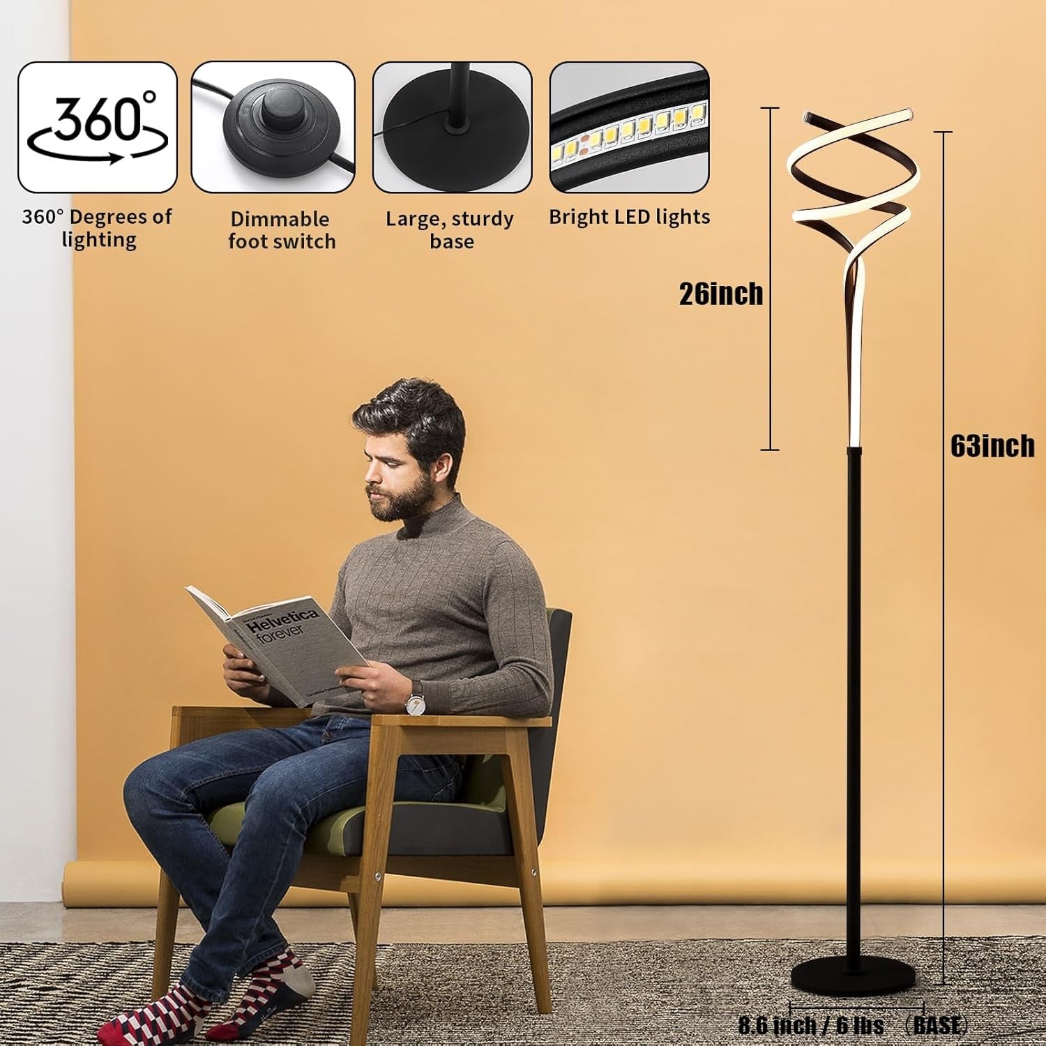 Modern LED Floor Lamp Black Spiral Design Dimmable Remote Standing Light