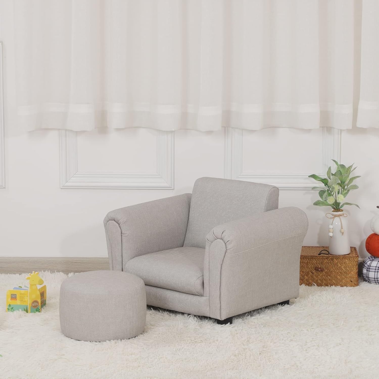 Toddler Armchair with Footstool – Kids Grey PVC Leather Sofa Chair