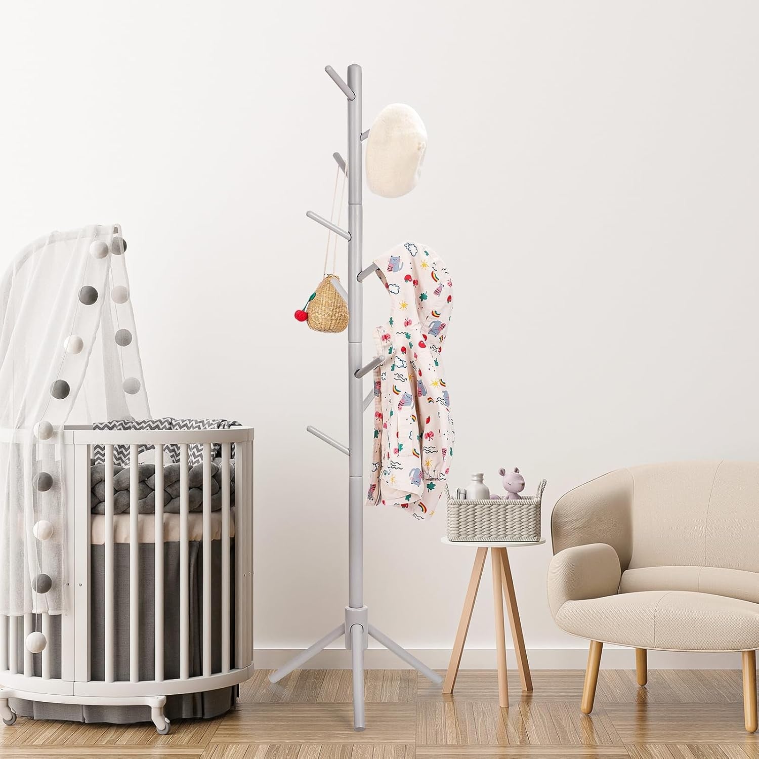Kids Adjustable Wooden Coat Rack | 9 Hook Freestanding Hallway Stand
