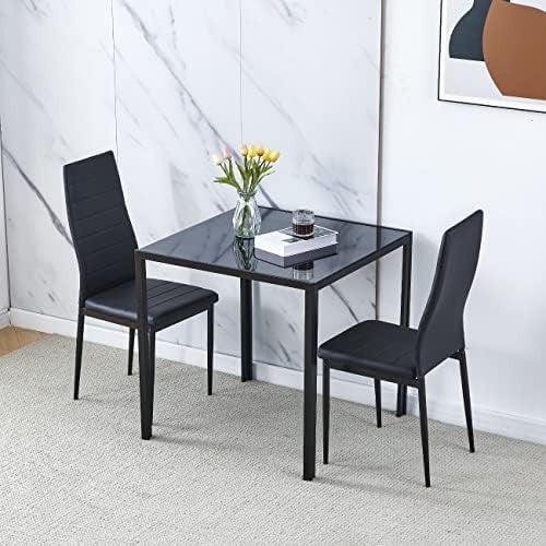 Square Glass Dining Table Set 75x75x76cm Black Metal Frame 2-Seater