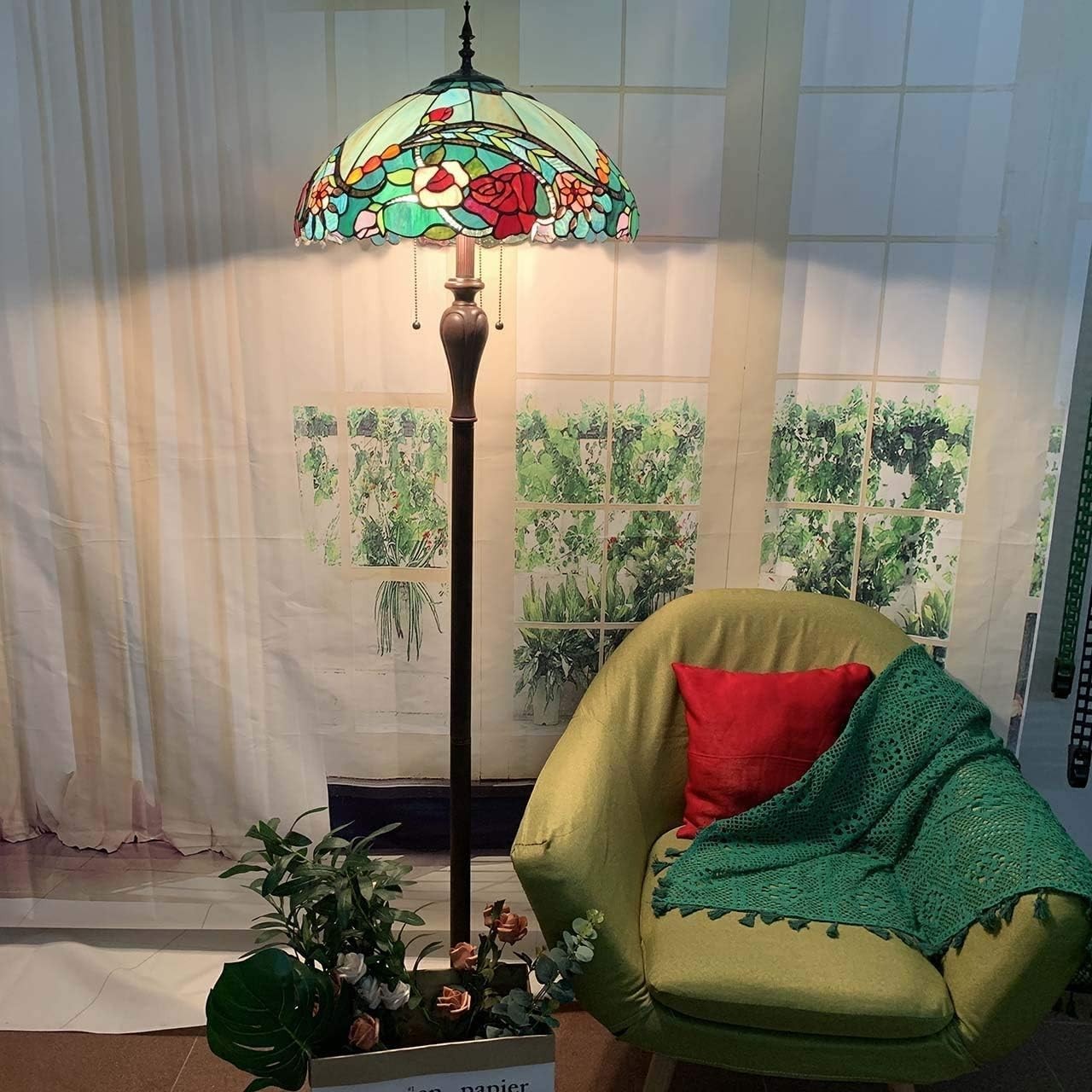 Stained Glass Tiffany Floor Lamp with 3 Lights, 65" Tall, Adjustable