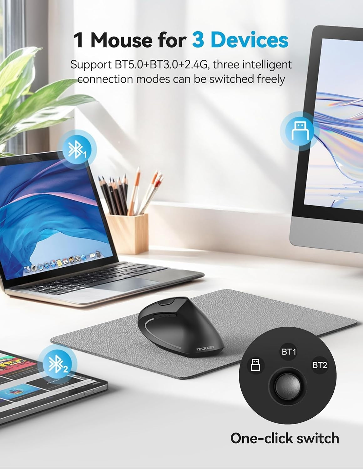 Vertical Ergonomic Bluetooth Mouse 4800 DPI Rechargeable 6-Button