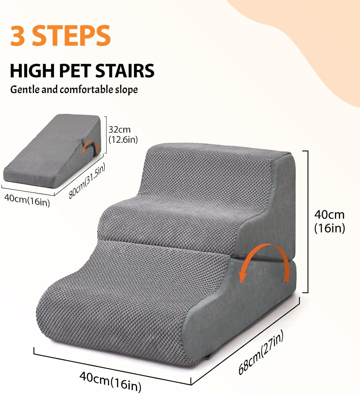 Grey 3 Step Dog Stairs Adjustable Foam Pet Ramp 68x40x40cm