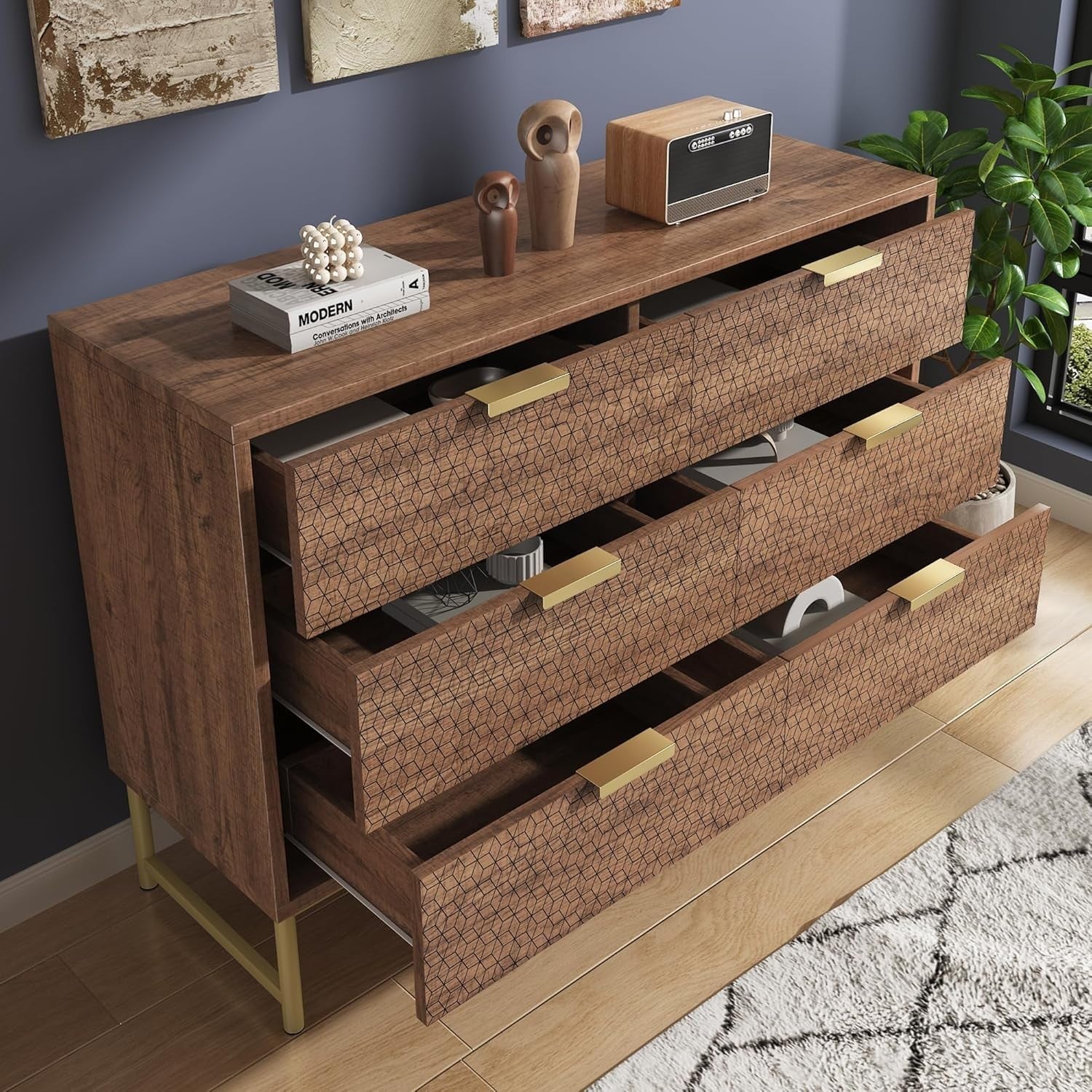 120cm Walnut Sideboard Chest with 6 Drawers for Hallway or Bedroom