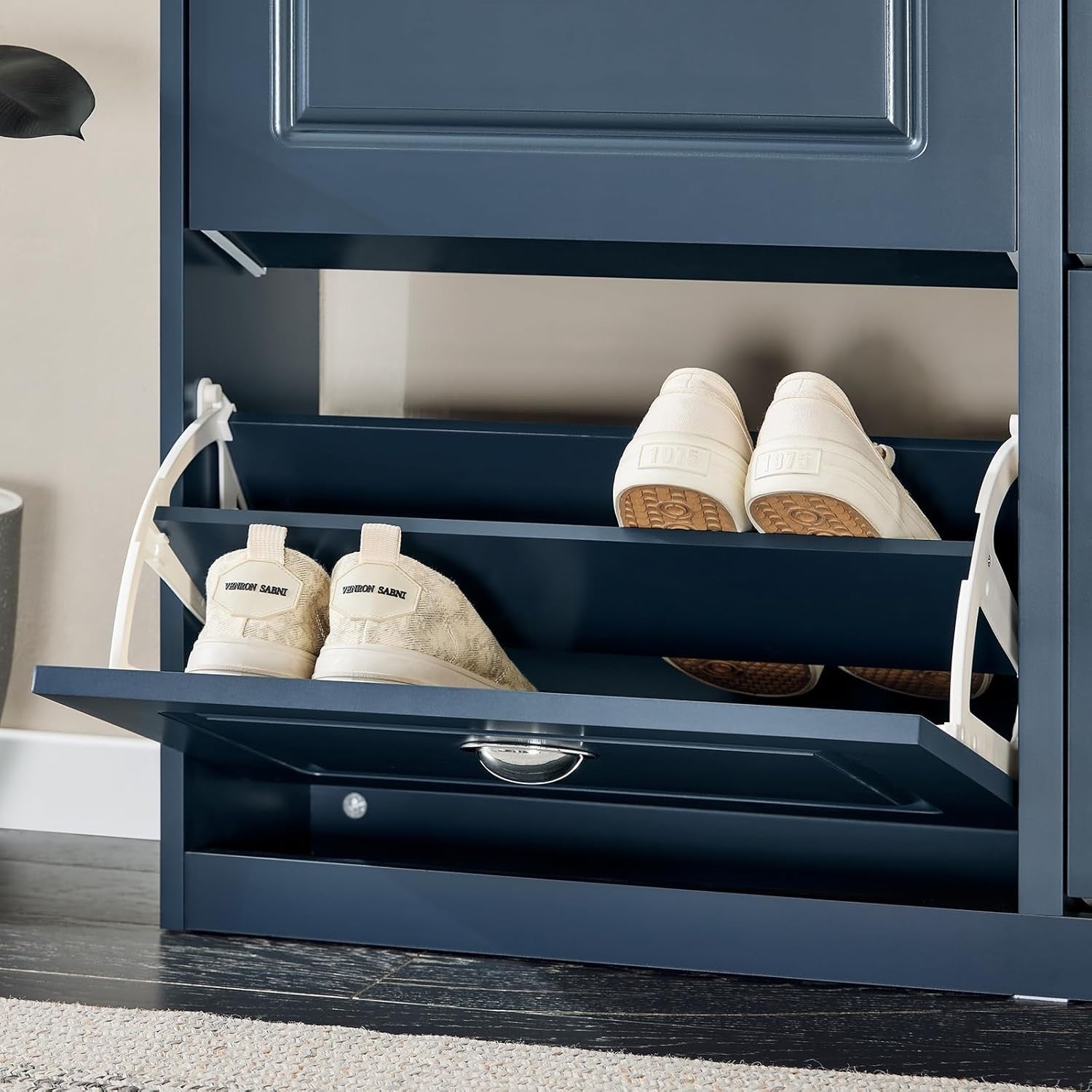 Slim Blue Shoe Storage Cabinet with 4 Flip Drawers, Space-Saving 104x24x83cm