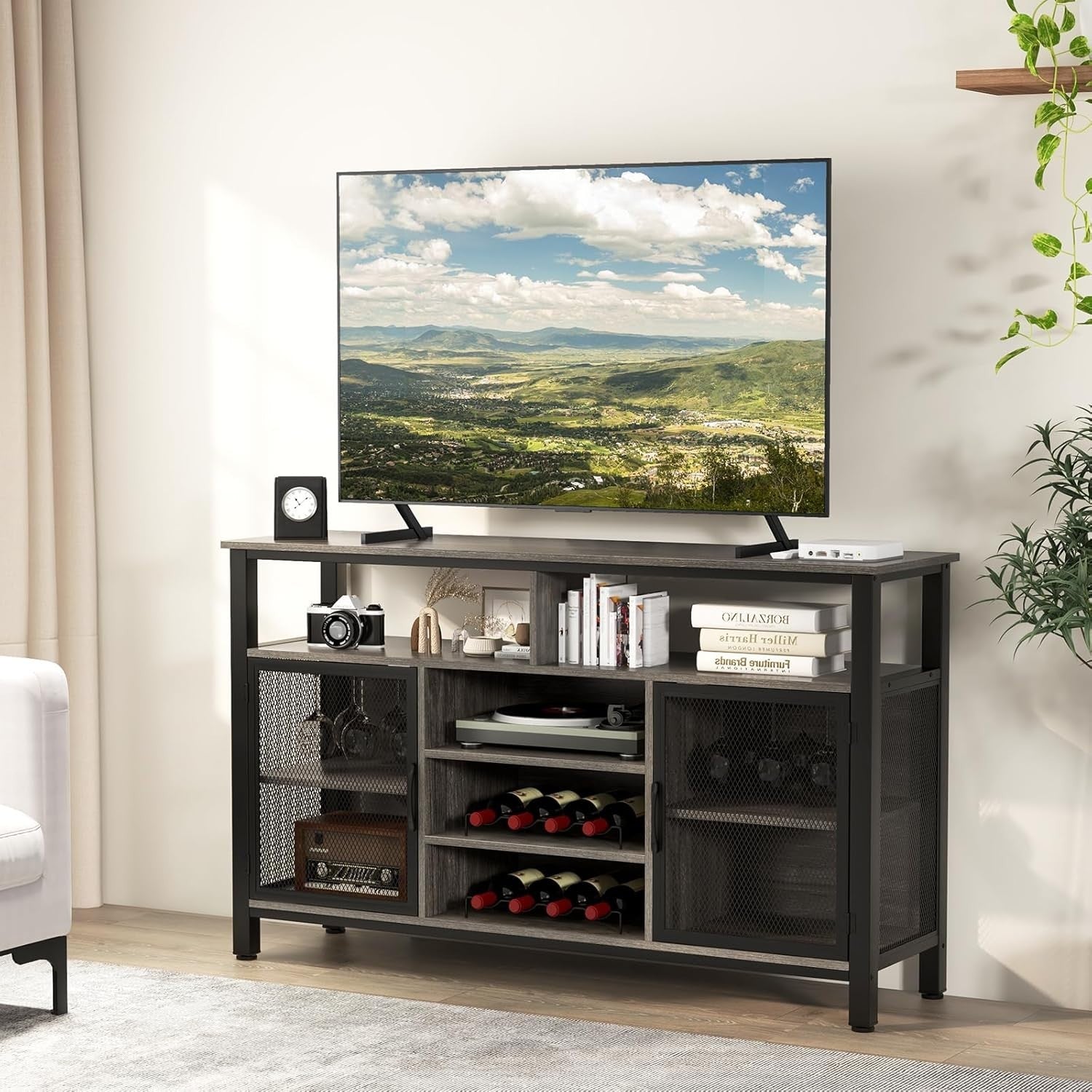 Industrial Sideboard Cabinet with Wine Racks Glass Holder Mesh Doors Gray Black