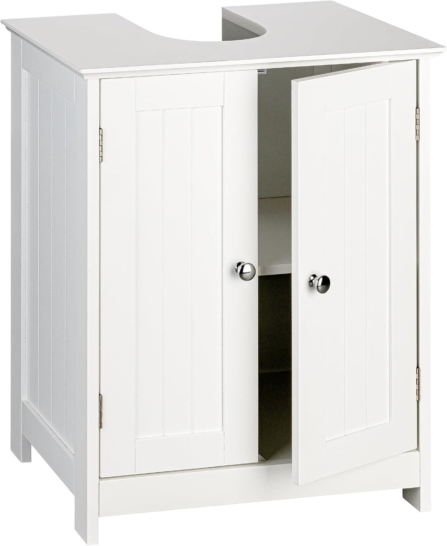 Rustic White Under Sink Bathroom Cabinet with Double Doors & Storage Shelf