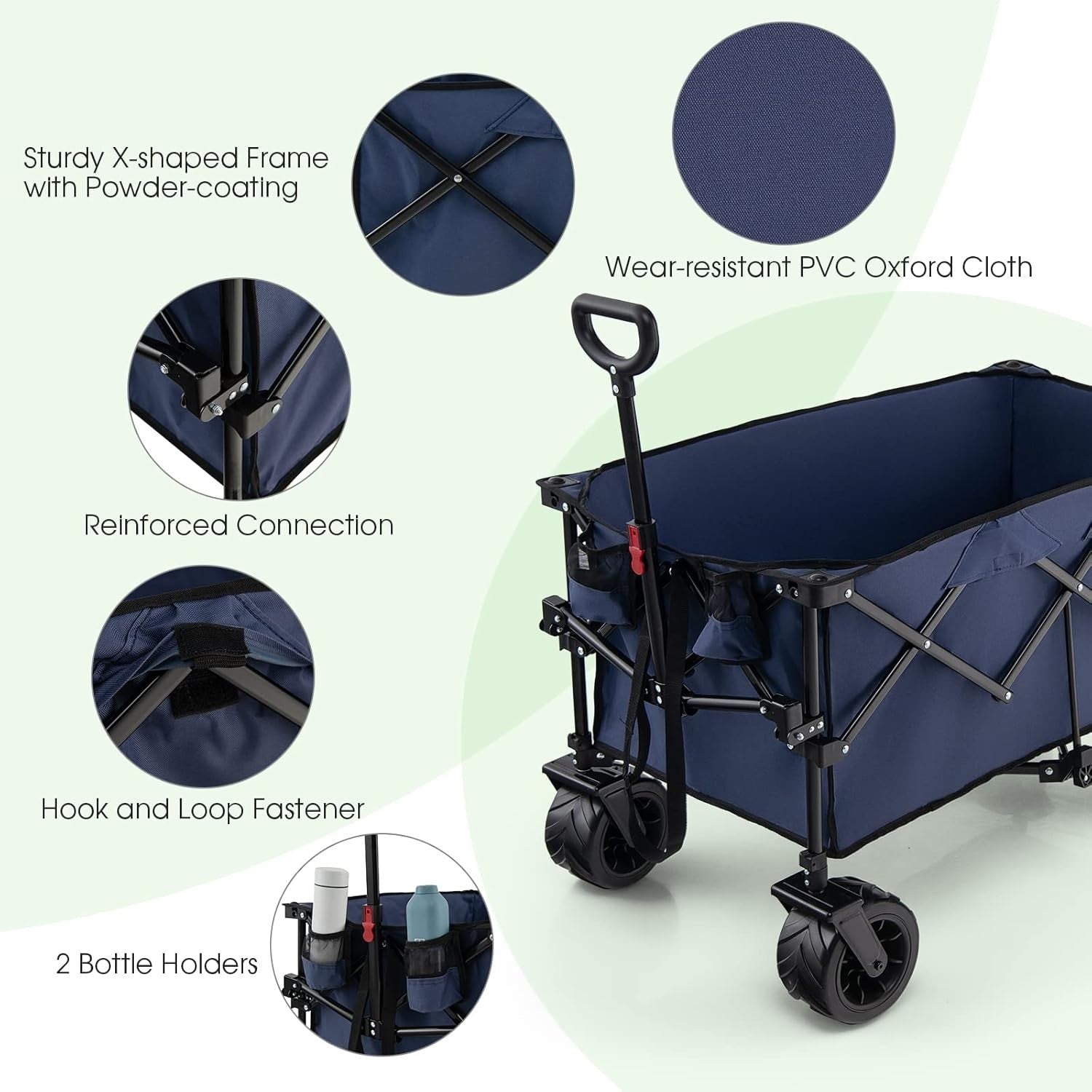 Blue Folding Camping Wagon Heavy Duty Collapsible Garden Cart Adjustable Handle