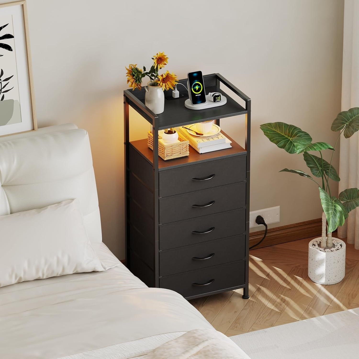 Tall Black LED Bedside Table with Charging Ports 5-Drawer Modern Storage Unit
