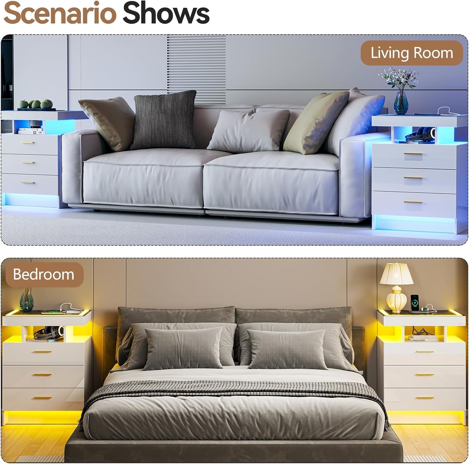 White LED Bedside Table with Wireless Charging, Glass Top & 3 Drawer Storage
