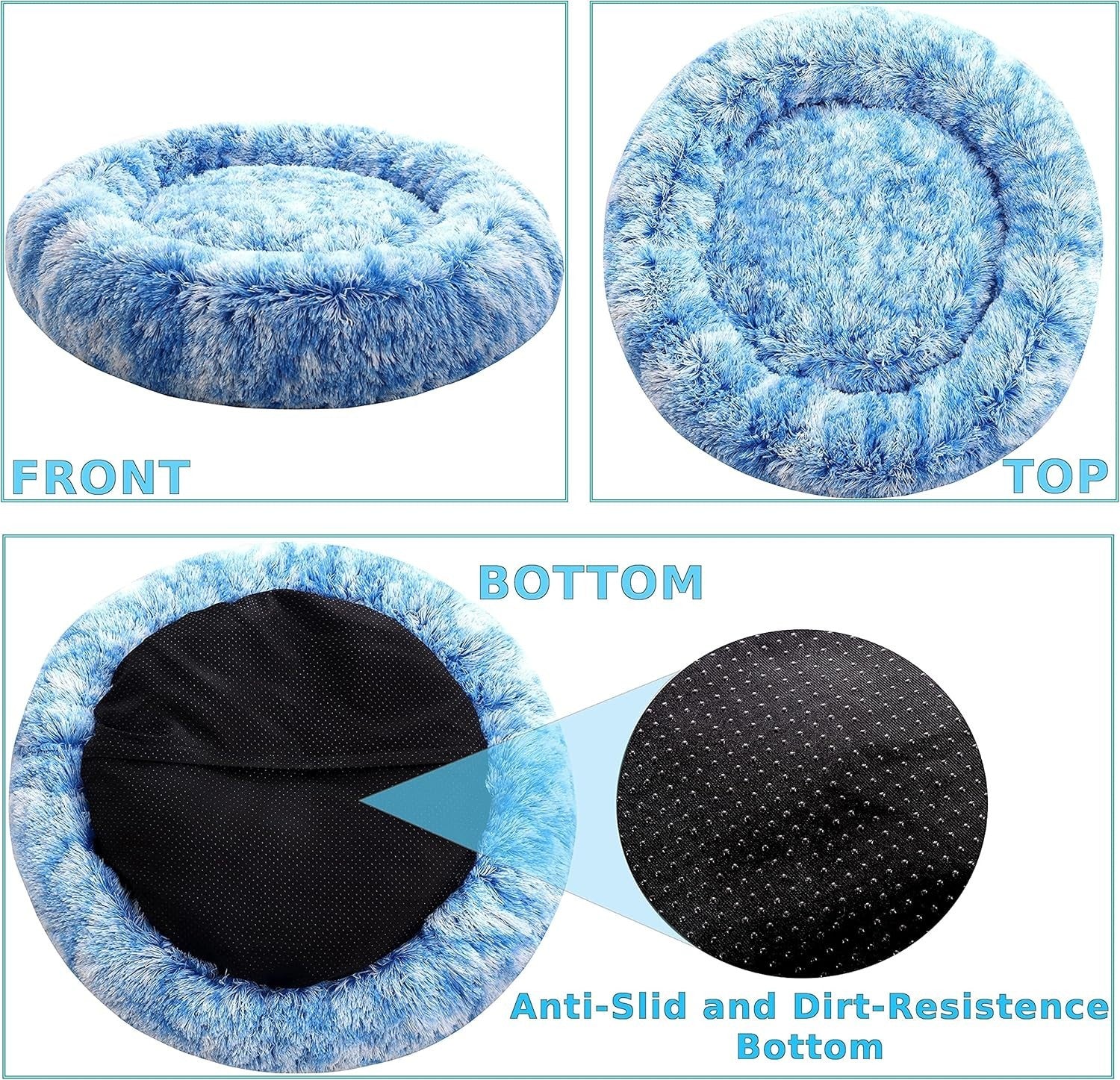 XXL Calming Donut Dog Bed 100cm Anti Anxiety Faux Fur Blue
