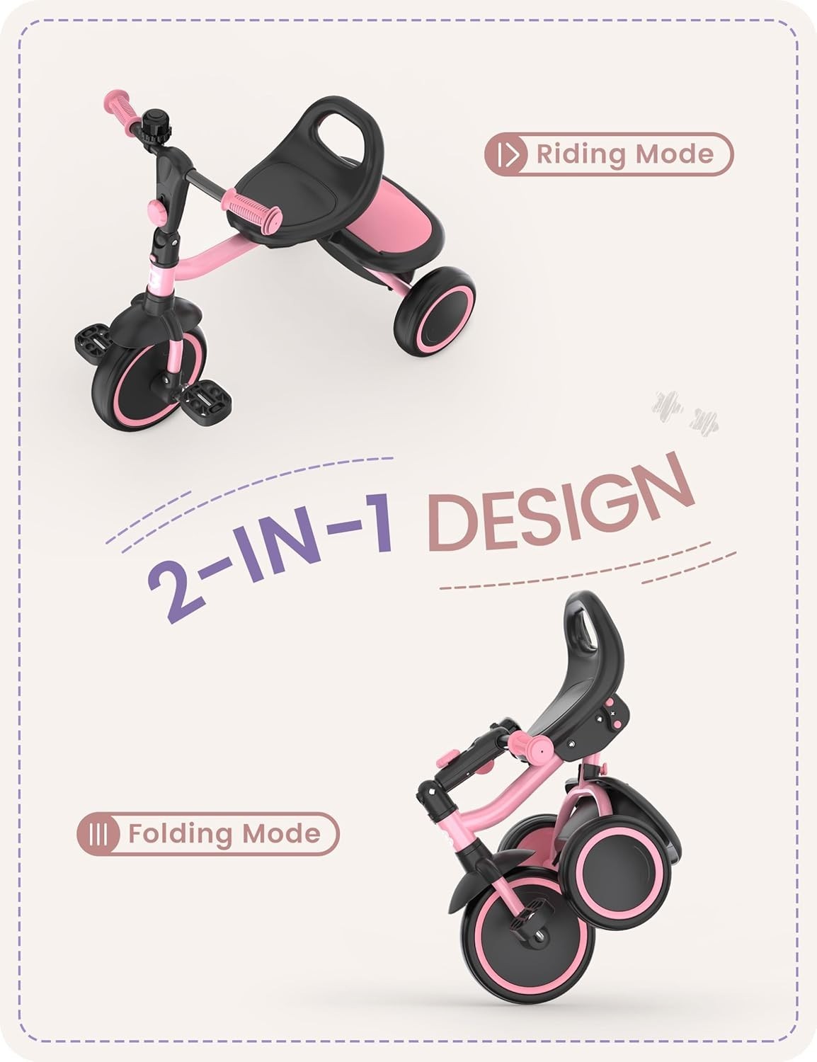 Kids Tricycle Toddler Trike Foldable Balance Bike Pink Age 18M-5Y