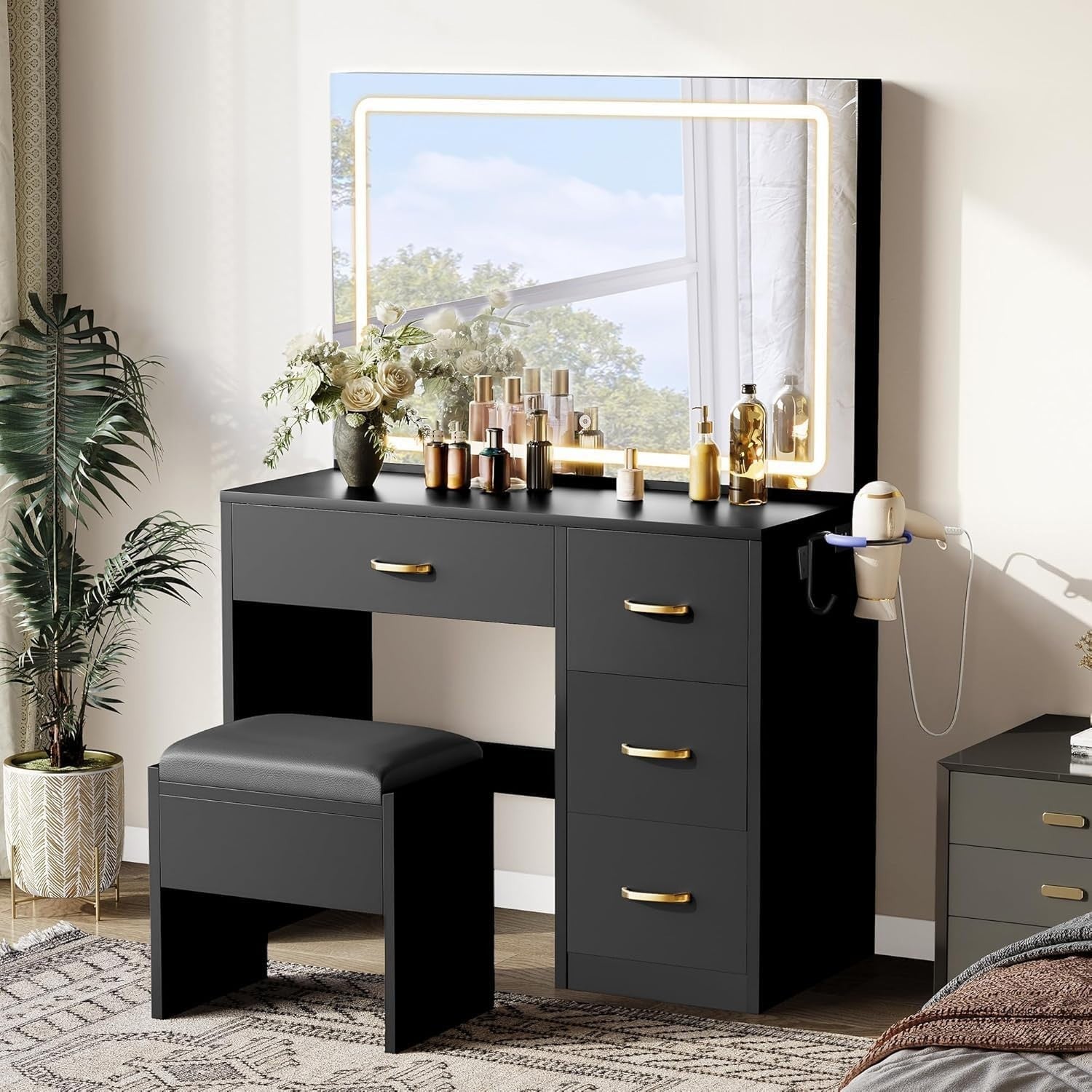 Modern Vanity Desk w/ Lighted Mirror & Charging Station USB Outlet 4 Drawers