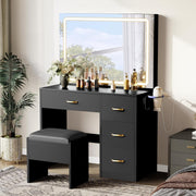 Modern Vanity Desk w/ Lighted Mirror & Charging Station USB Outlet 4 Drawers
