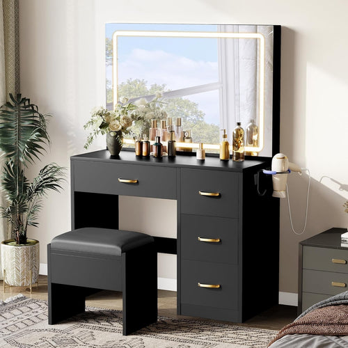 Modern Vanity Desk w/ Lighted Mirror & Charging Station USB Outlet 4 Drawers