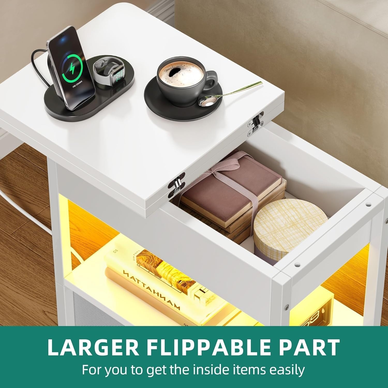 Set of 2 Smart LED Bedside Tables with USB Charging | Slim White Nightstands