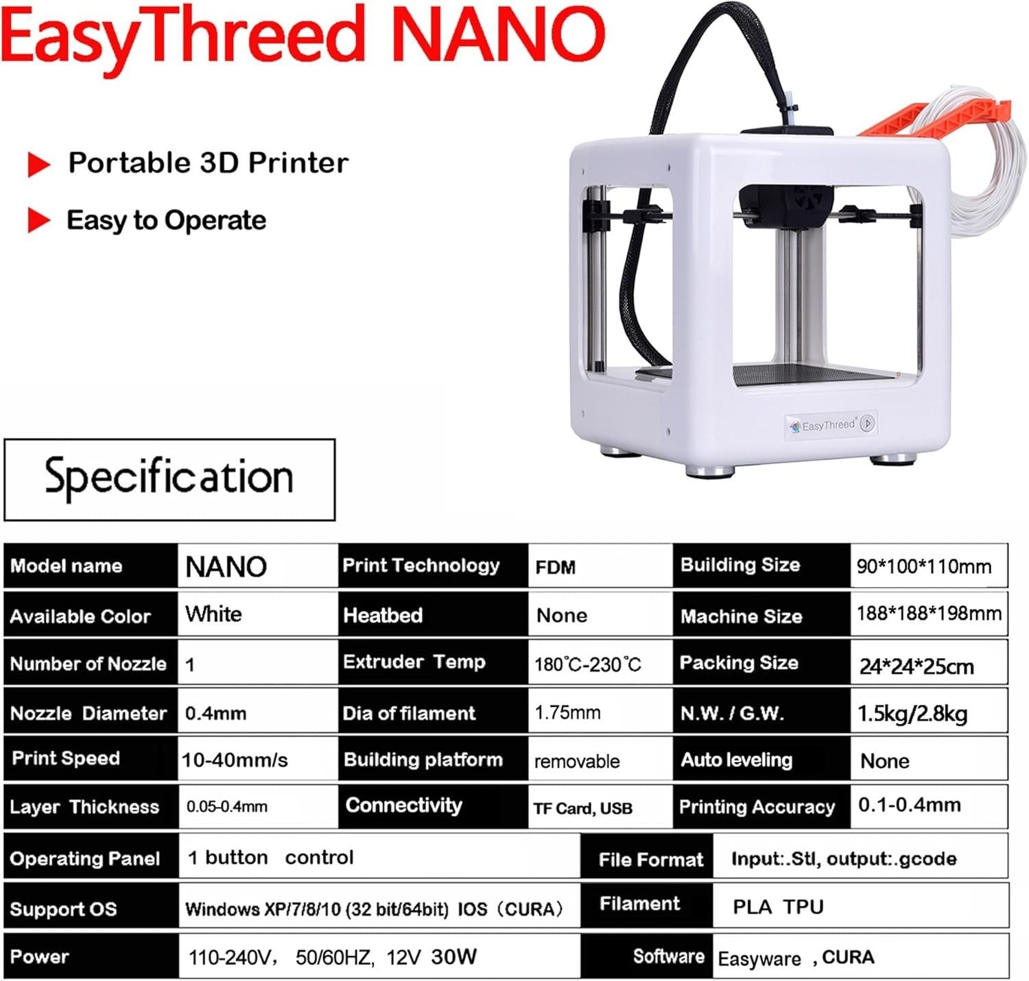 Portable Mini 3D Printer 230°C Nozzle Magnetic Plate Easy Use Desktop