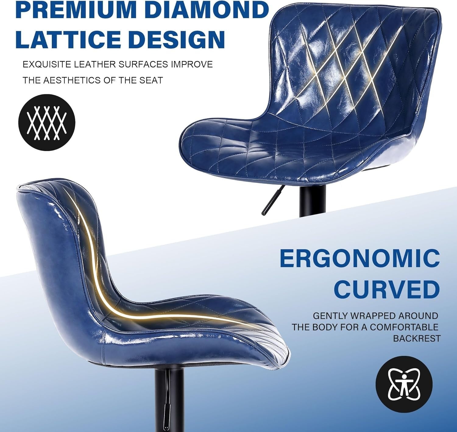Blue Bar Stools Set of 2 | Faux Leather Seat, Adjustable Swivel, Footrest