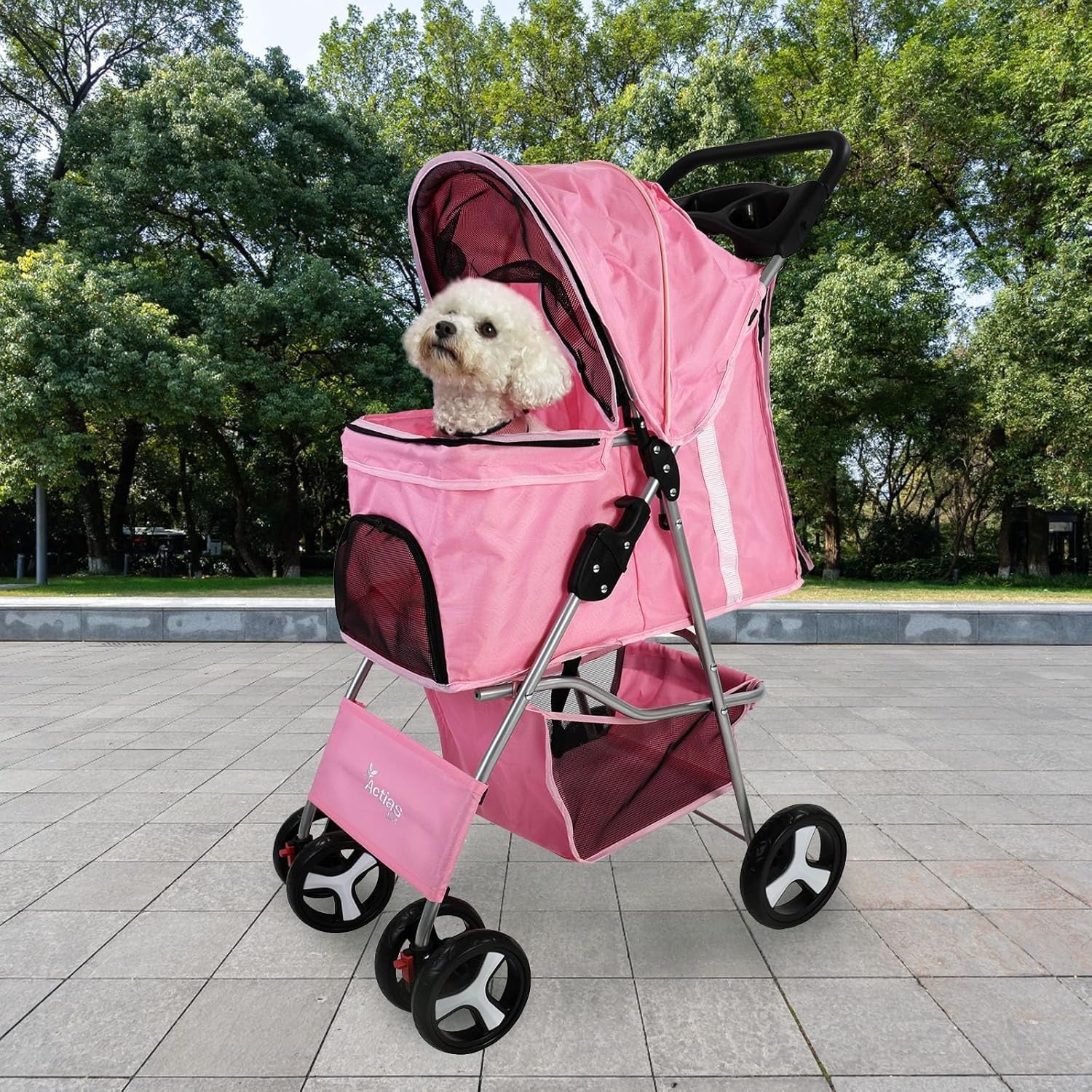 Pet Travel Stroller Dog Cat Pushchair Foldable Swivel Wheels 15kg Pink