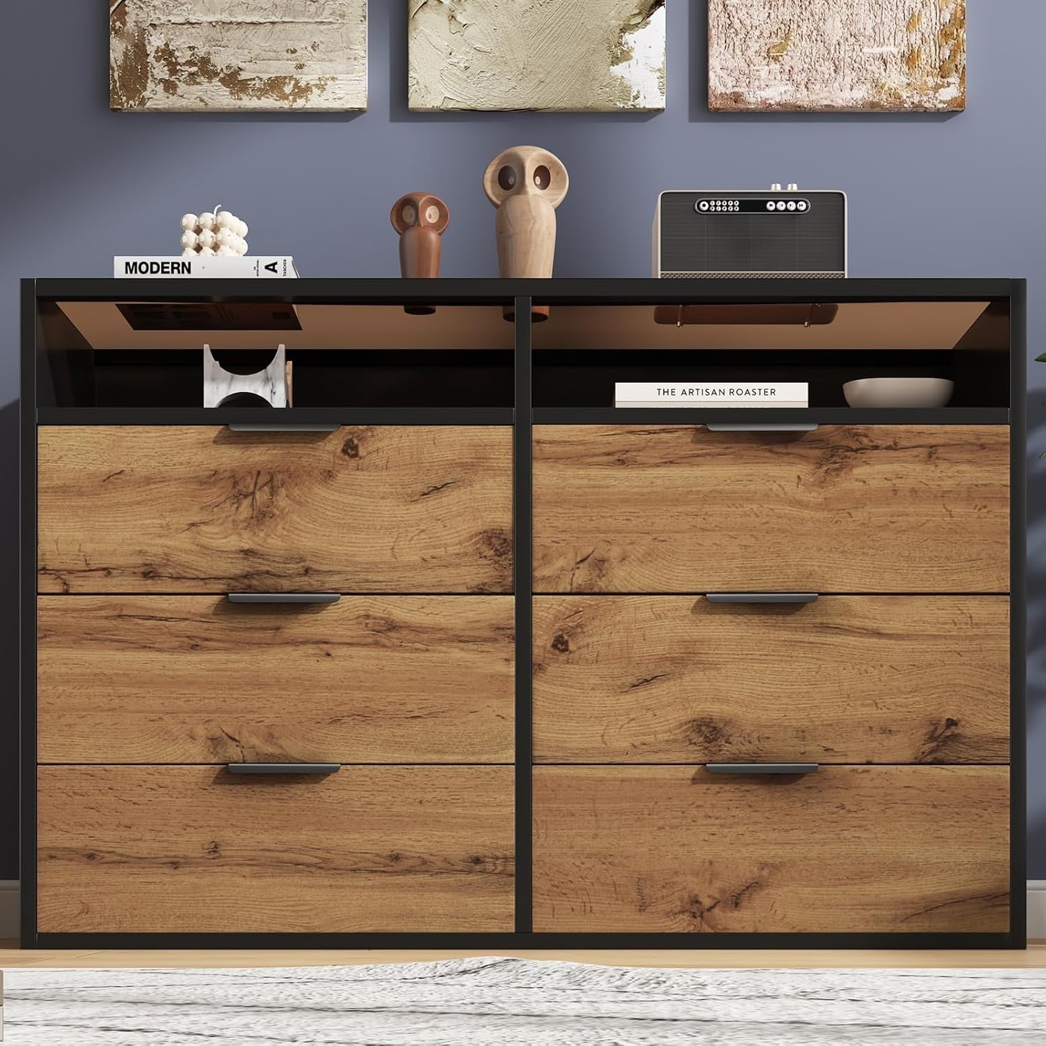 Oak 6 Drawer Chest with Amber Glass Top & 2 Open Shelves, Anti-Tip Storage