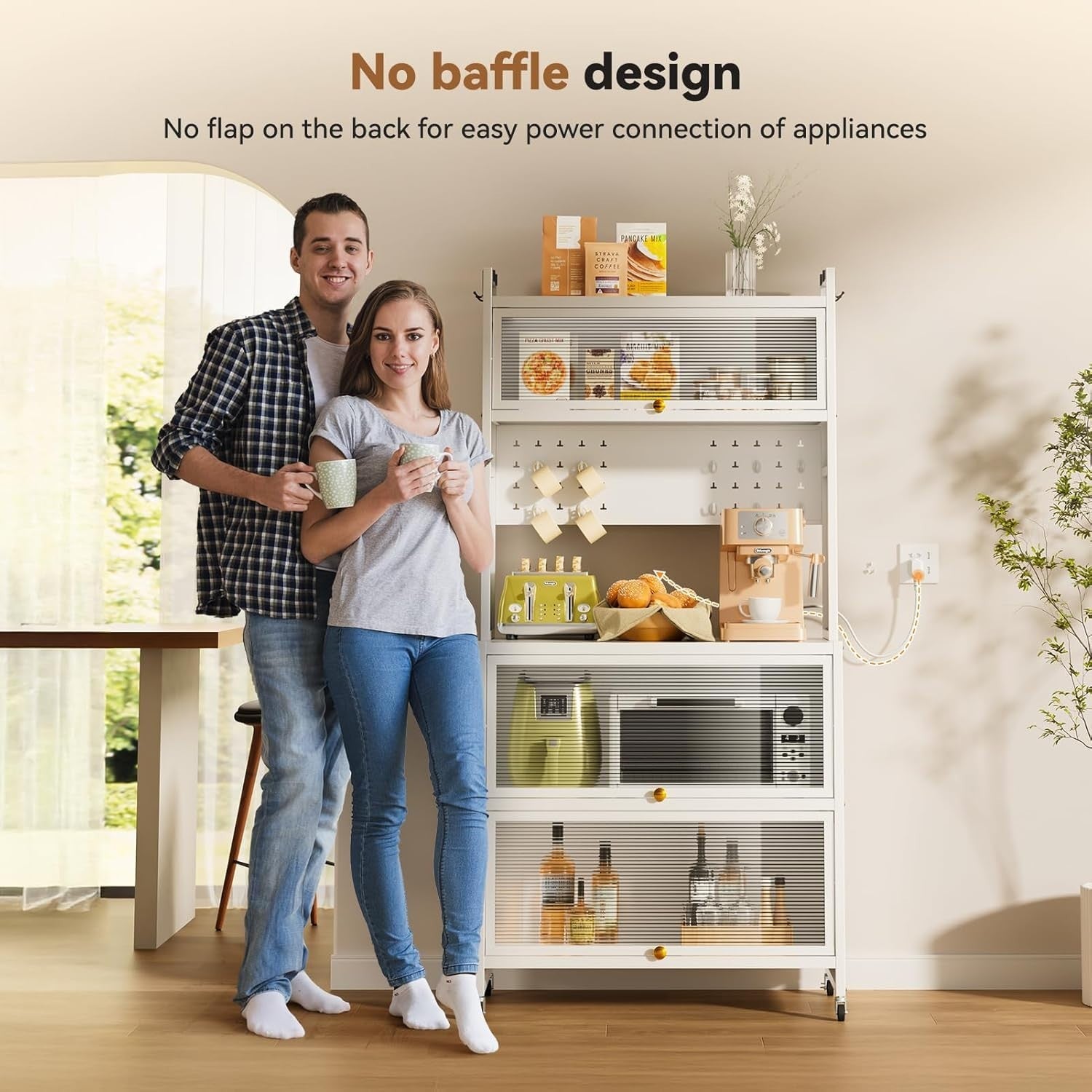 5-Tier Kitchen Storage Cabinet with Flip Door & Wheels White | 80x40x162cm