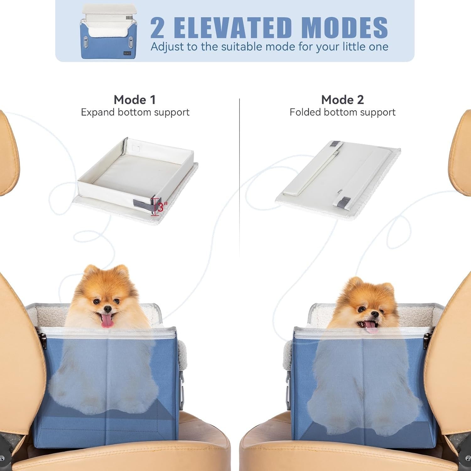 Dog Booster Car Seat Adjustable Height Travel Bed Safety Leashes Blue