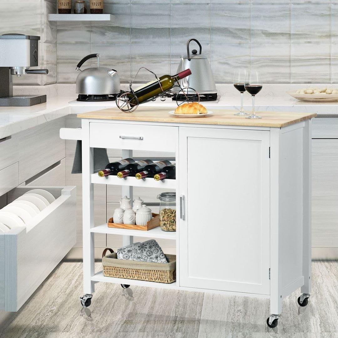 100cm Kitchen Island Cart Oak Top Wine Rack