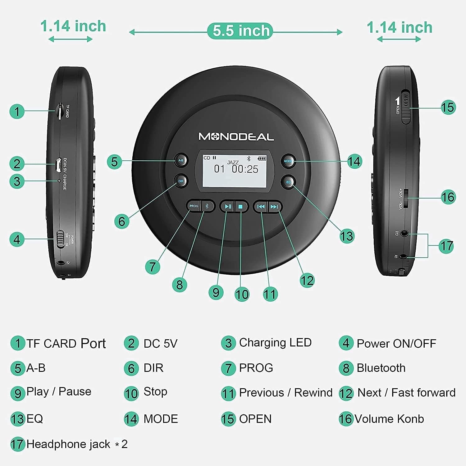 Portable Bluetooth CD Player Rechargeable Anti-Skip Dual Headphone SD