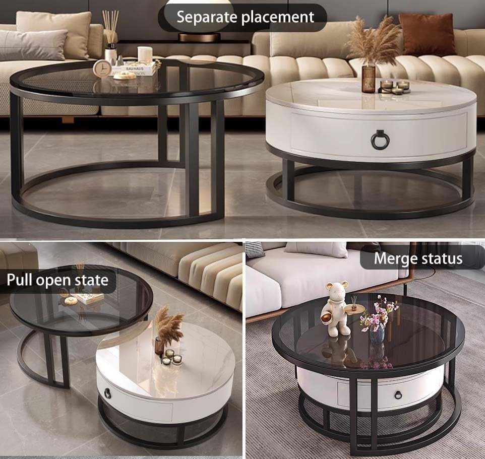 Nesting Coffee Table Set of 2 – Round Tables with Storage & Metal Frame