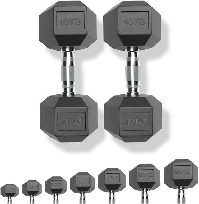 80kg Dumbbell Pair 2x40kg Rubber Hex Weights Commercial Home Gym