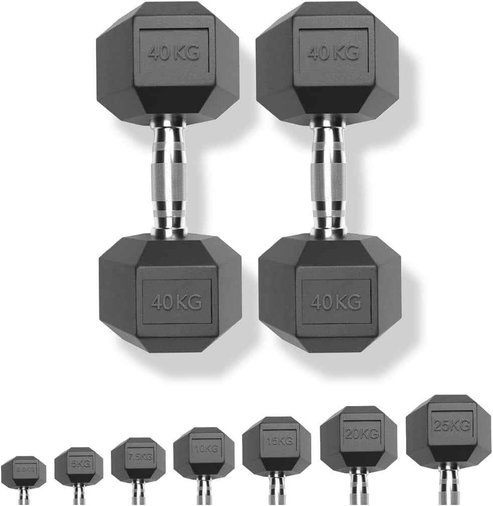 80kg Dumbbell Pair 2x40kg Rubber Hex Weights Commercial Home Gym