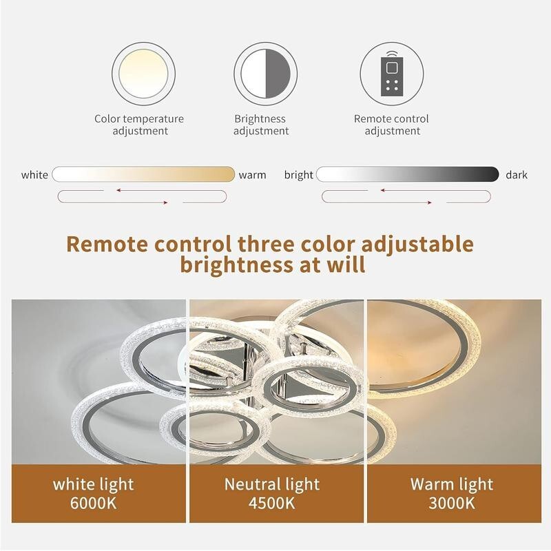 Modern LED 6 Ring Ceiling Light Chrome 76W Dimmable Flush Mount Remote