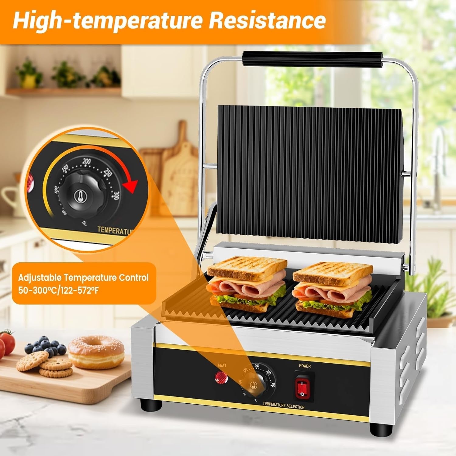 Commercial Electric Panini Press Grill Non-Stick Cast Iron Plate 2200W