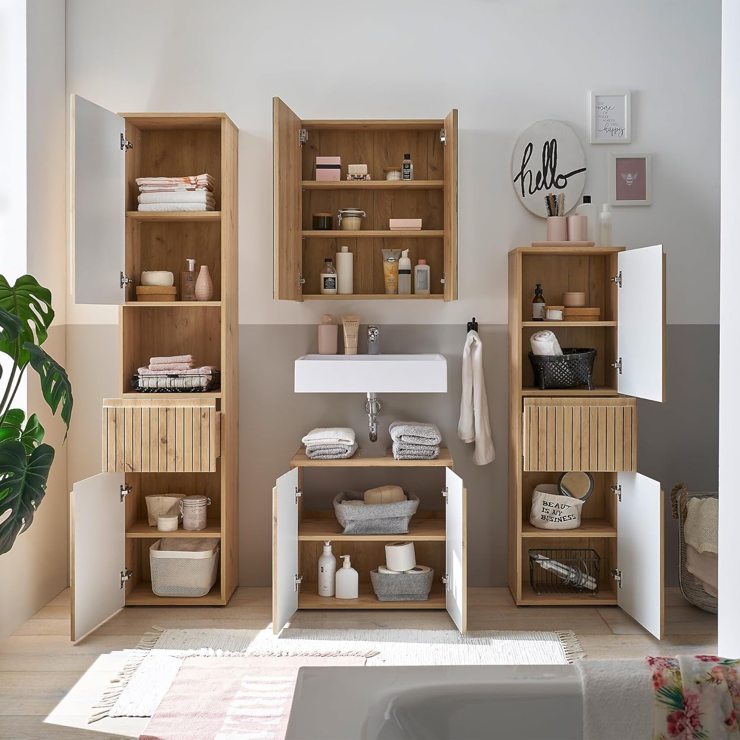 Natural Oak Under Sink Cabinet – 2 Drawer Bathroom Vanity Storage Unit