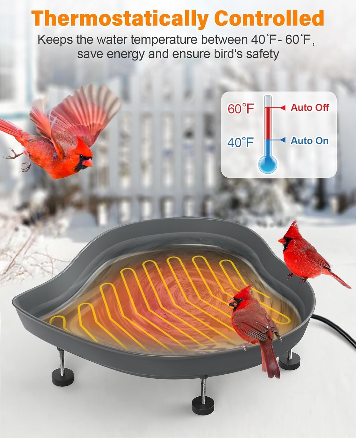 60W Heated Bird Bath Outdoor Winter Feeder Thermostat Anti-Freeze