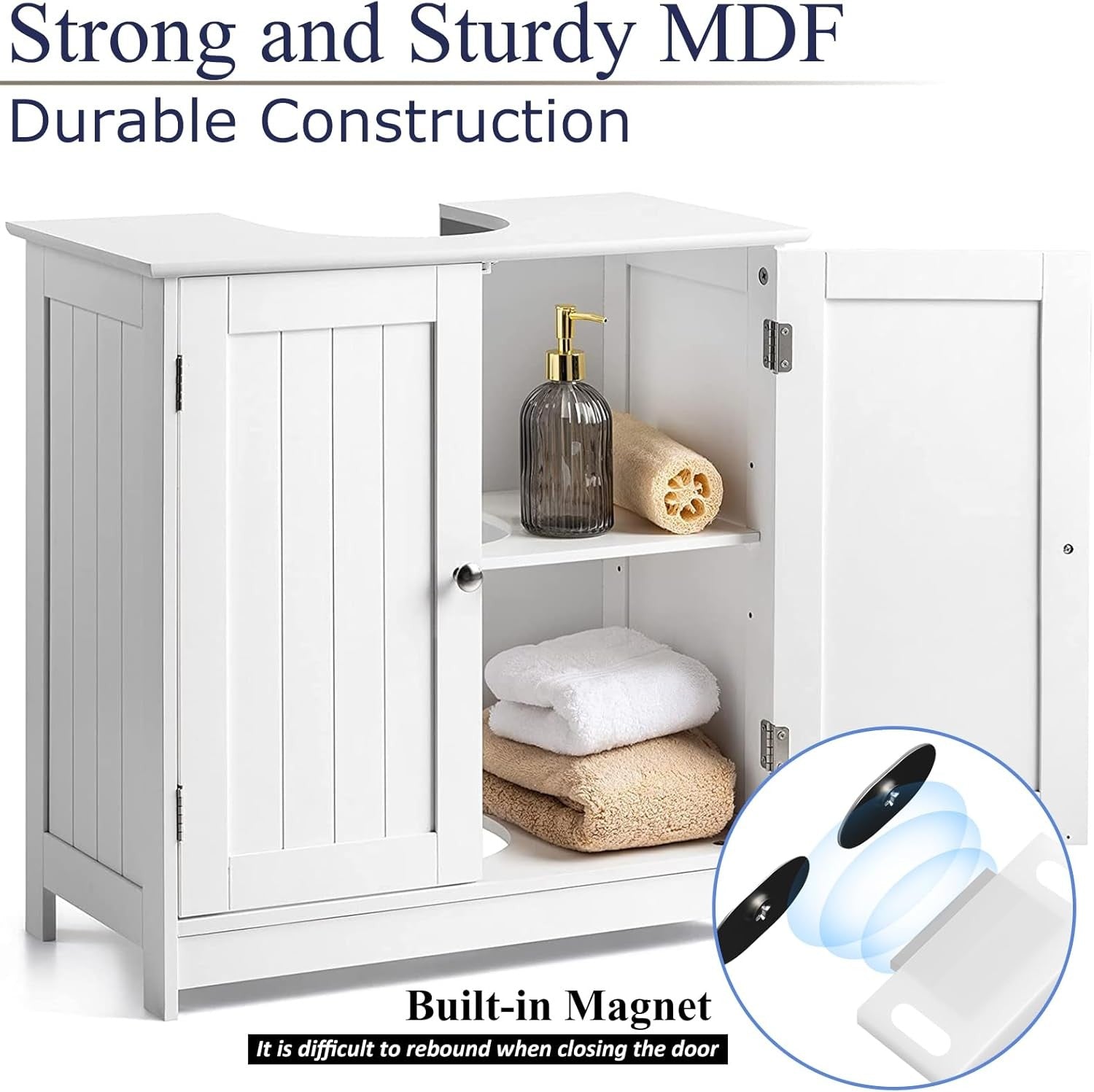 White Under Sink Bathroom Cabinet – Waterproof Storage Cupboard 60x30x60cm