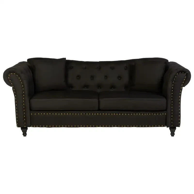Luxury 3 Seater Black Chesterfield Sofa Fabric Upholstery Scroll Arms