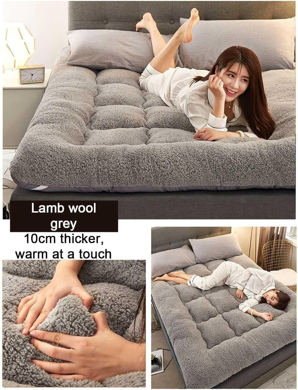 Extra Thick Shaggy Floor Mattress Foldable Bed Futon Pad Grey - Full Size