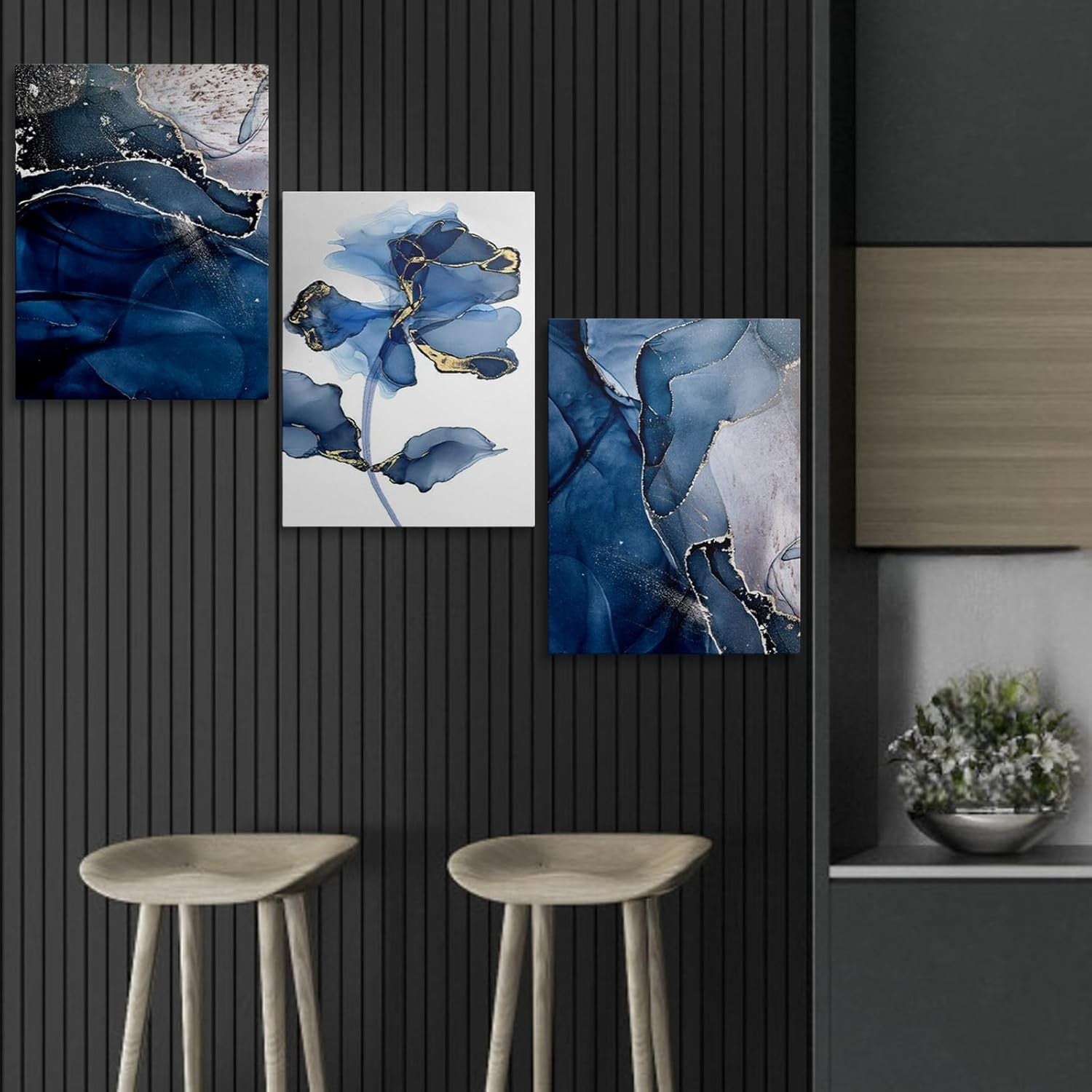 Blue Flower Wall Art Set of 3 Framed Canvas 12x16in Bedroom