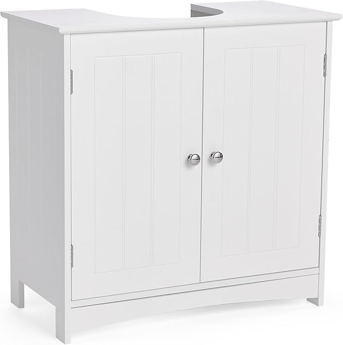 White Under Sink Bathroom Cabinet 60cm Vanity Unit with Shelves Shaker Doors