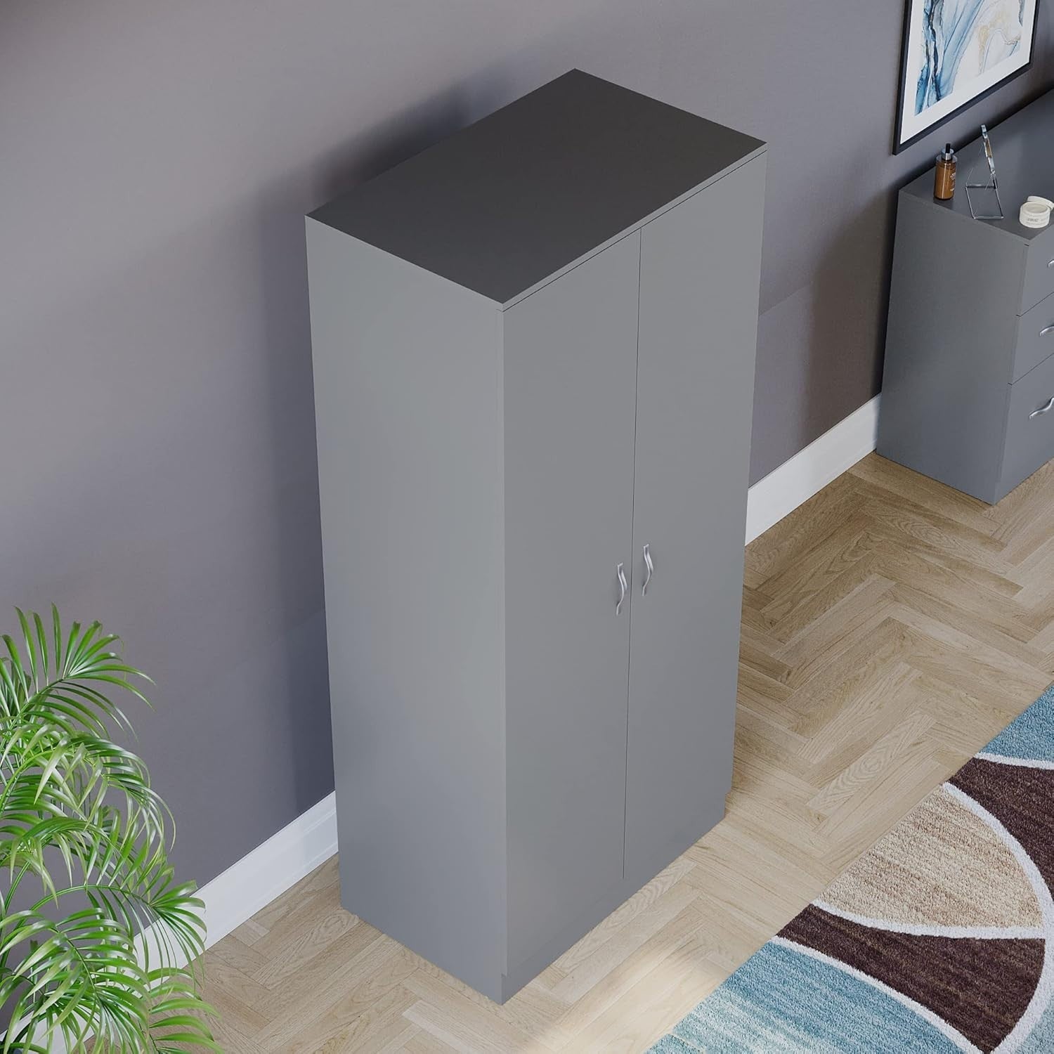 Grey 2 Door Wardrobe with Hanging Rail & Shelf, Modern Bedroom Storage