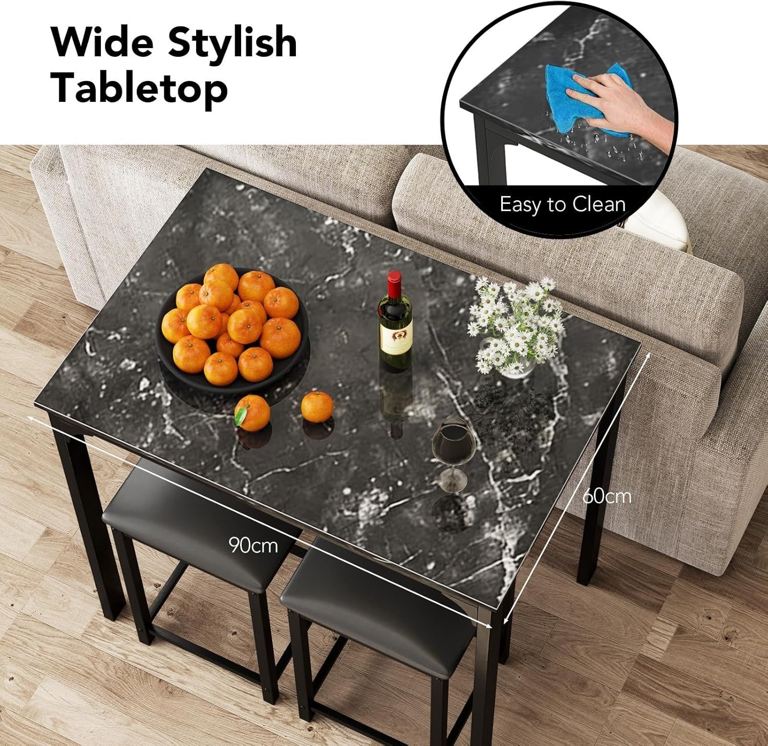3 Piece Breakfast Bar Table Set with Stools Modern Small Space Dining Black