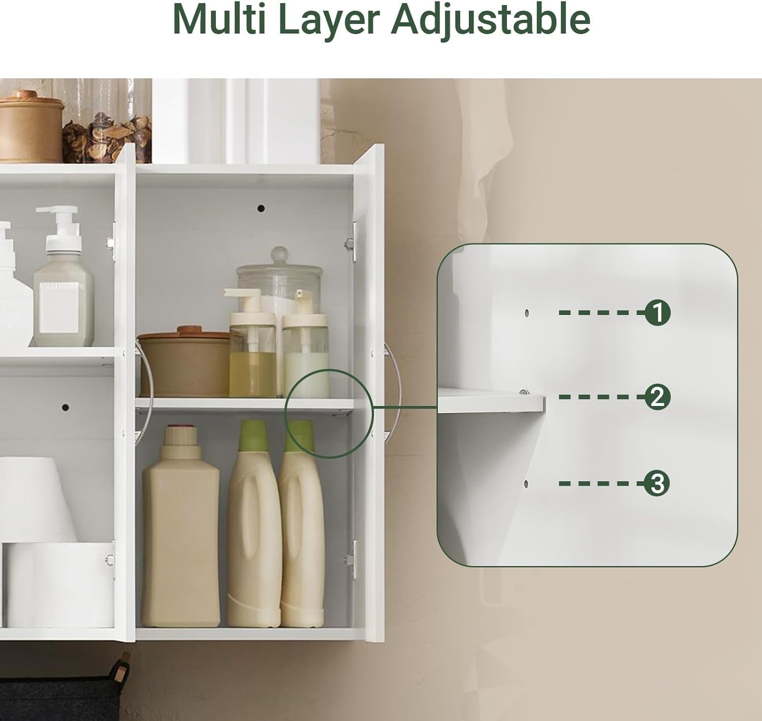 Wall Mounted Bathroom Cabinet with Adjustable Shelf & 3 Doors, White