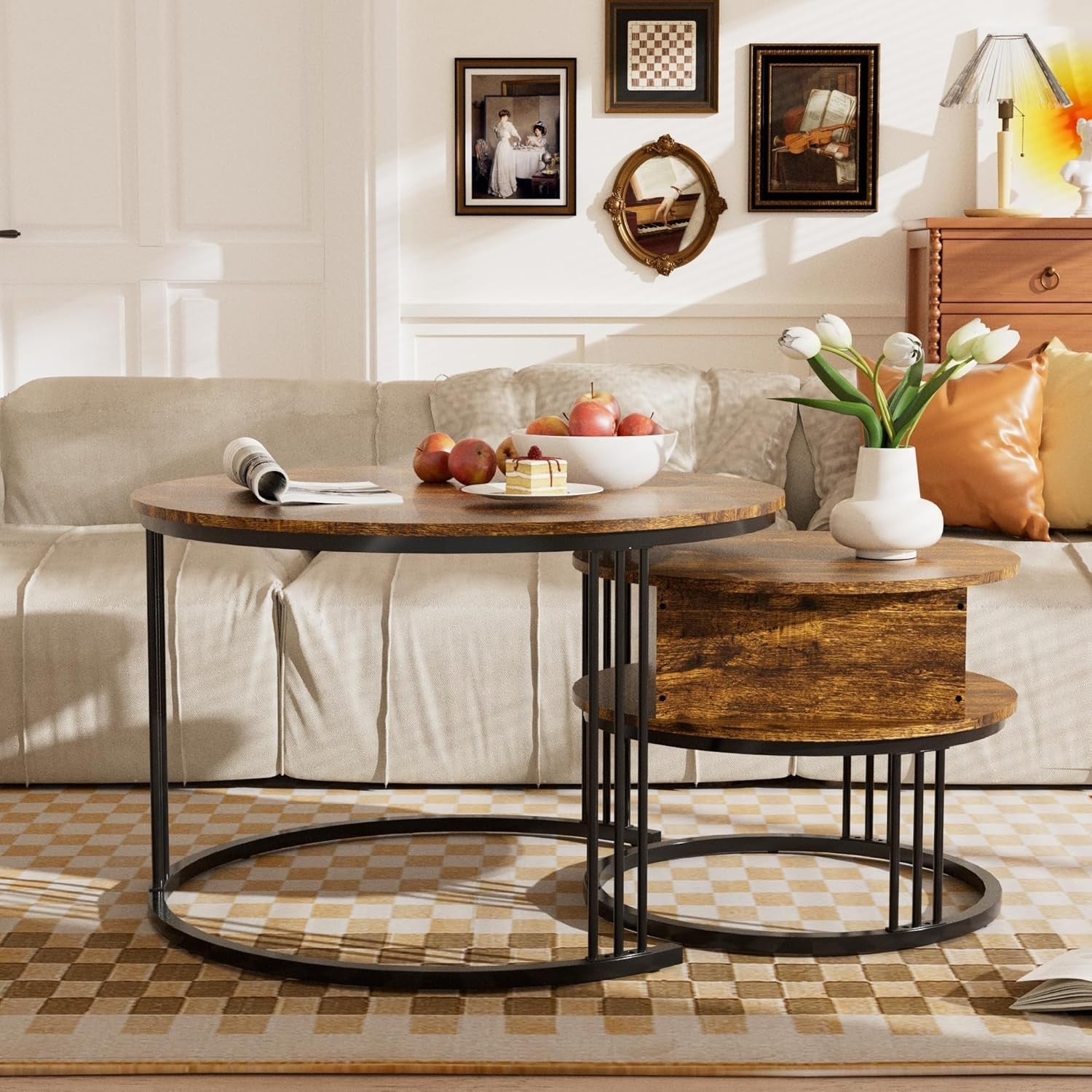Round Nesting Coffee Table Set Lift Top Storage Wood Rustic Brown Easy Assembly