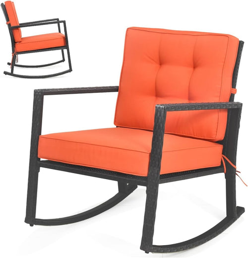 Outdoor Wicker Rocking Chair with Cushions & Armrest for Patio Comfort