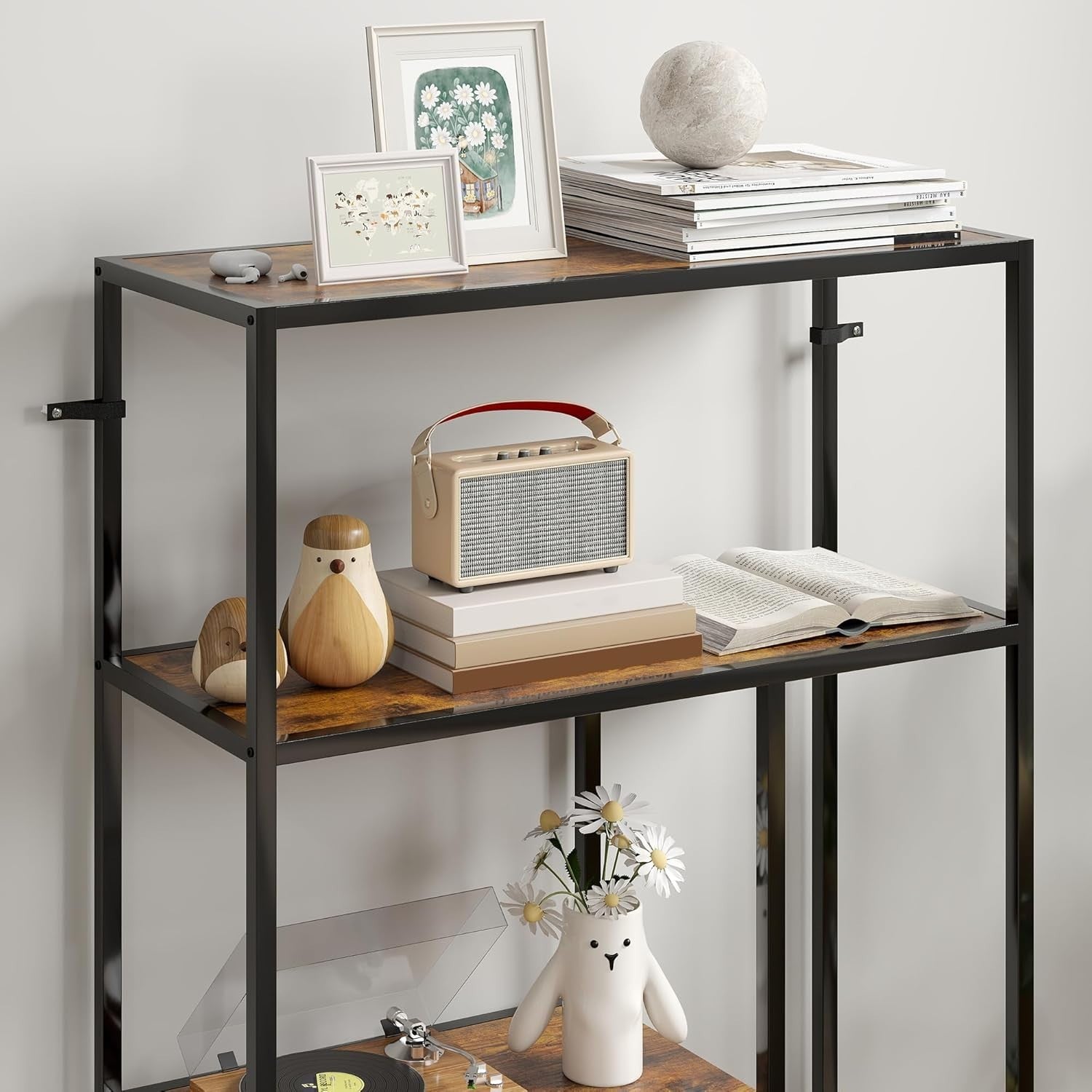 4 Tier Industrial Bookcase Rustic Brown Metal Frame Freestanding Shelf 116cm